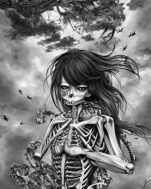 Image similar to skeleton cat girl with open skeleton ribs, wearing only lingering, black and white full shot, ambient, focused, art by ayami kojima, makoto shinkai, killian eng