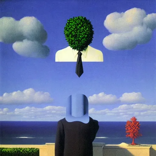 Image similar to The Son of Man by Rene Magritte. Vaporwave