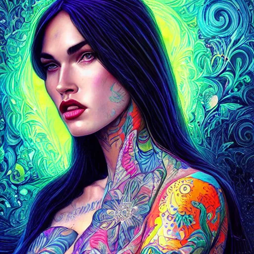 Image similar to portrait of megan fox, hyper detailed masterpiece, neon floral pattern, jean giraud, digital art painting, darkwave goth aesthetic, psychedelic, artgerm, donato giancola and tom bagshaw