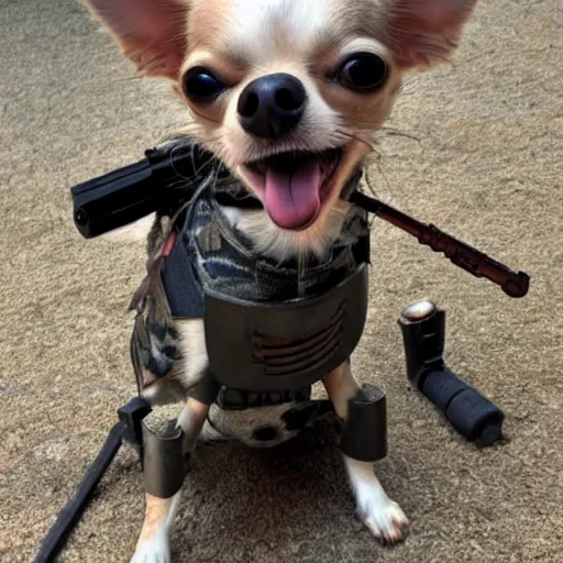 Image similar to chihuahua with modern armor and guns