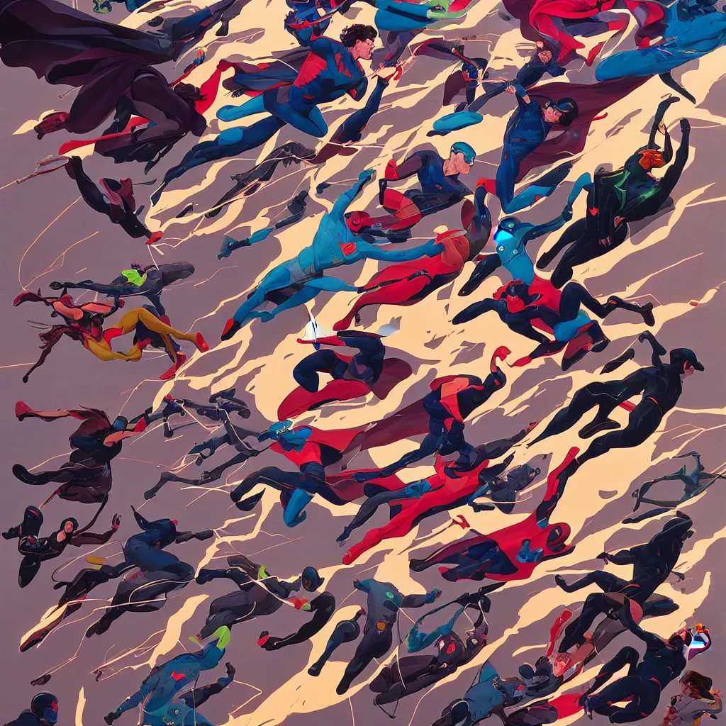 Image similar to Joshua Middleton comic art, superheroes flying in the sky fighting, shooting neon lasers at each other from their hands, 8K, hyper detailed, full body heroes, city landscape urban background, damage and destruction