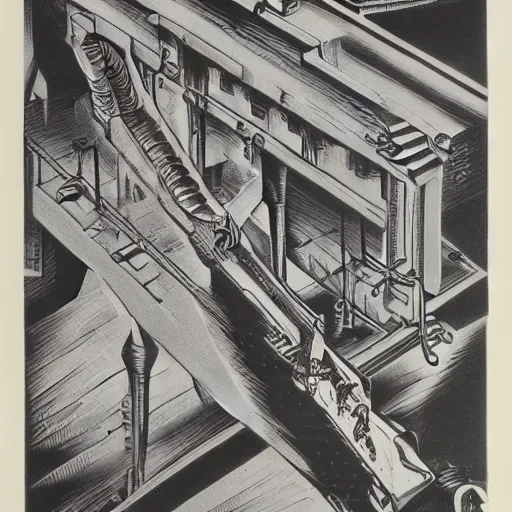 Image similar to Original M.C. Escher lithograph of the immorality of war, accurate details, hyperrealistic, extremely detailed, in the style of Lisa Frank