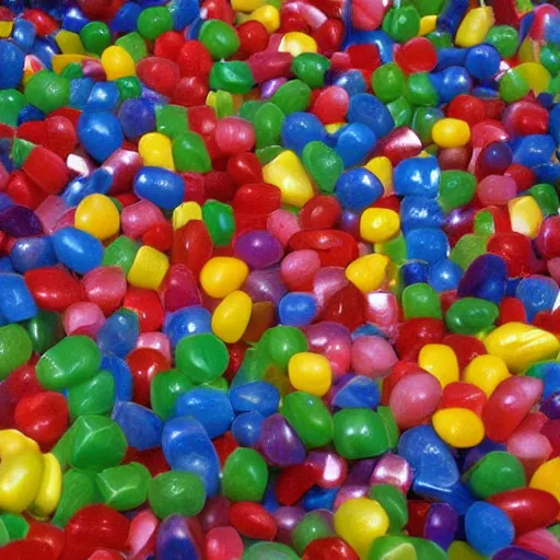 Image similar to Lego City overrun by thousands of jelly beans, old collection, verisimilitudinous