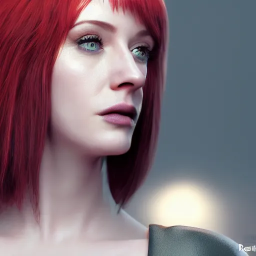 Image similar to 3 d render of christina hendricks in cyberpunk, smooth, intricate, octane, reflects, ultra detailed, sharp focus, symmetry