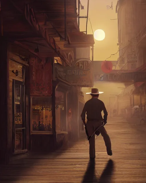 Image similar to an old cowboy walking through the door of a bustling, crowded bar of other people, wild west, sunset lighting, dusty, sunbeams. digital illustration, colors, soft lighting, adventurous, atmospheric lighting, 8K, octane render. By Makoto Shinkai, Stanley Artgerm Lau, WLOP, Rossdraws, James Jean, Andrei Riabovitchev, Marc Simonetti, krenz cushart, Sakimichan, D&D trending on ArtStation, digital art.