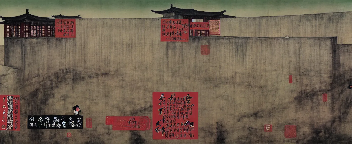 Image similar to a chinese prison near a river by peter doig, muted colors, overlaid with chinese adverts