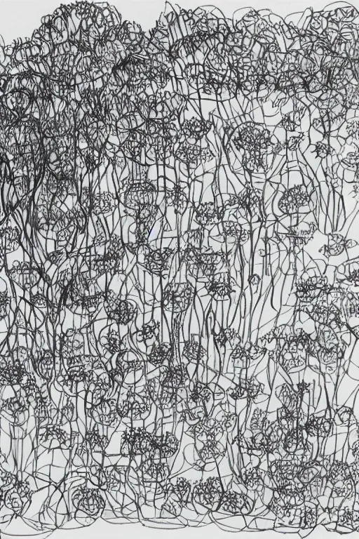 Prompt: single line sketch of cascading garden with large flowers, scribble sketch, small details,