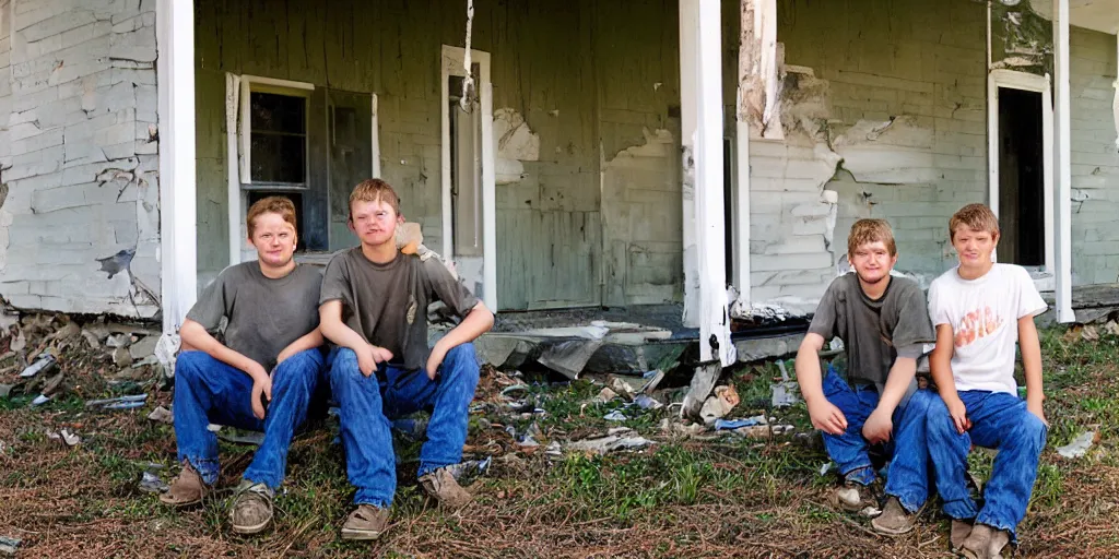 Image similar to close up portrait of two white redneck brothers sitting on front porch of dilapidated house, kodak gold 2 0 0,