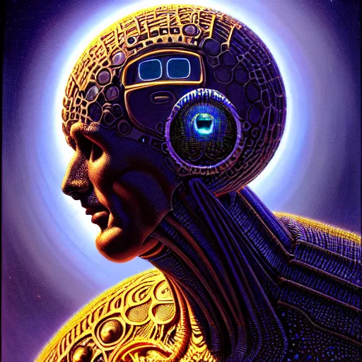 Prompt: cinematic portrait of a robotic cosmic god, only head and chest, intricate, desaturated, Tim Hildebrandt, Wayne Barlowe, Bruce Pennington, donato giancola, larry elmore, maxfield parrish, Moebius, Thomas Ehretsmann, oil on canvas, gouache painting, masterpiece, trending on artstation, cinematic composition, dramatic pose, volumetric lighting, sharp, details, hyper-detailed, HD, 4K, 8K