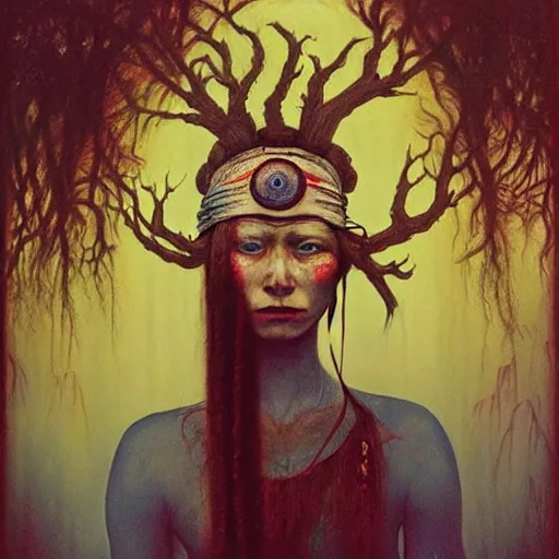 A young blindfolded shaman woman with a decorated, Stable Diffusion