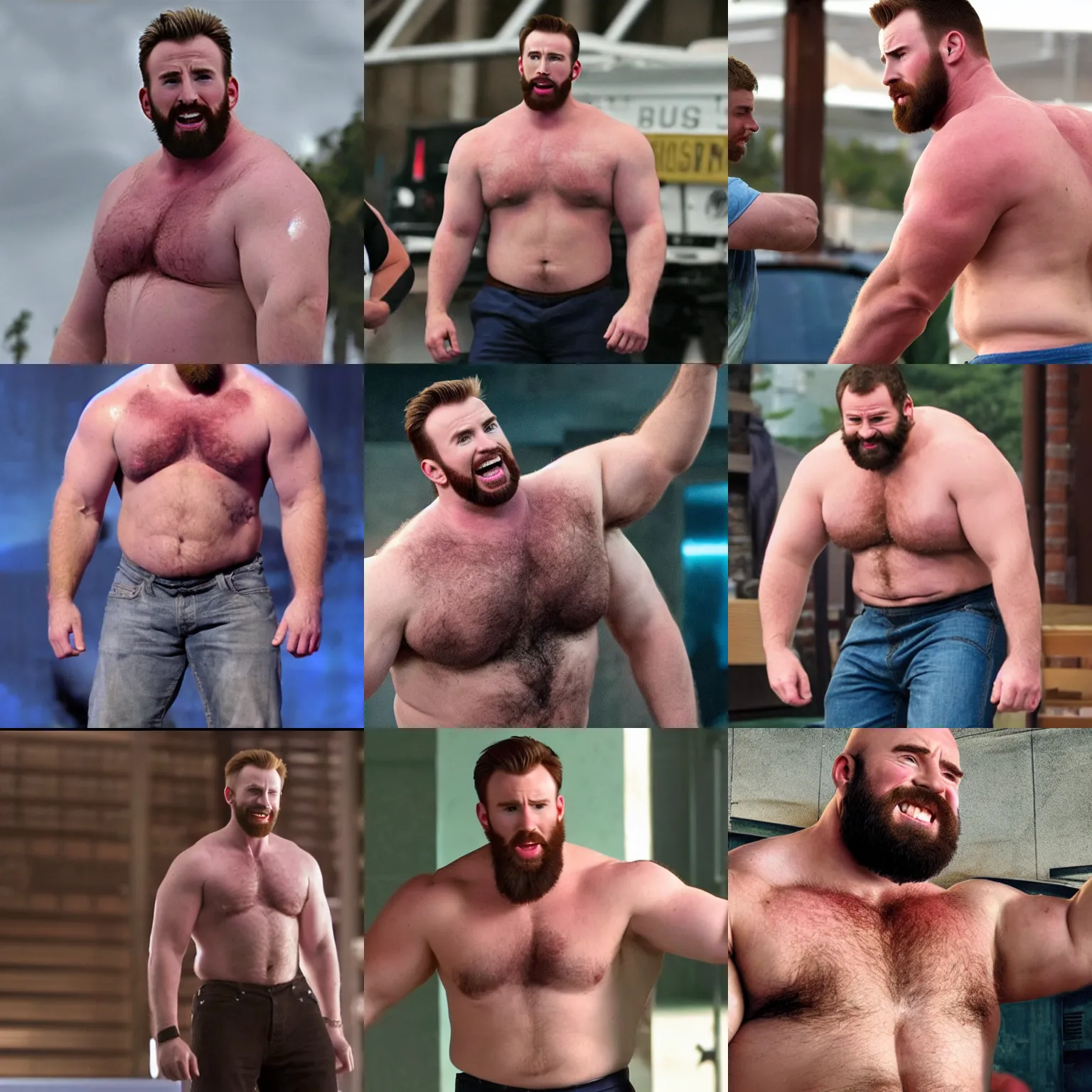 Prompt: chris evans as a big burly padded strongman