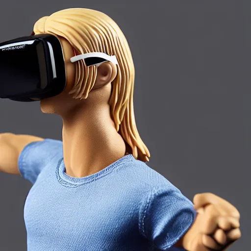 Image similar to action figure of a skinny blonde male wrestler wearing a black vr headset and wearing a t - shirt and jeans, high detail, realistic,