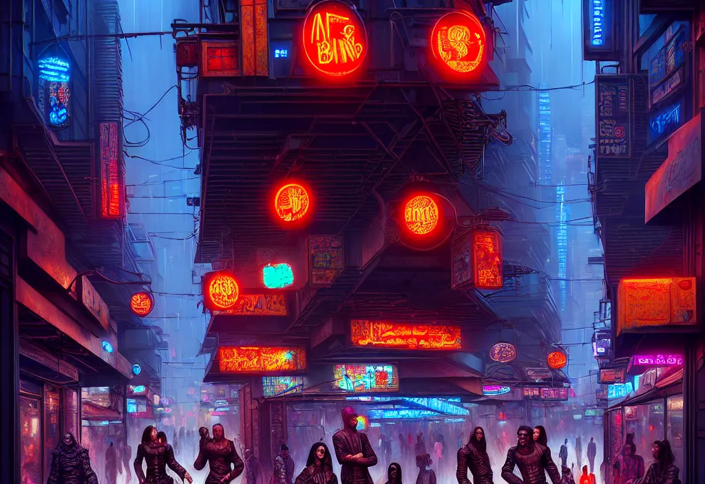 Image similar to a highly detailed bazaar street in the cyberpunk megacity of new washington, amazing cyberpunk digital painting, by gerald brom, brom digital art, intricate details, ultra realistic, beautiful art, volumetric lighting, ultra realistic, by art germ, by brom, trending cgsociety, artstation, rim lighting, cool neon lights, crowded, 8 k