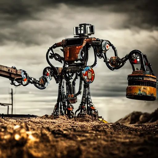 Prompt: giant scary treaded mining robot with drill, mining scrap metal, highly detailed body, retro, industrial, dark, dystopian, apocalyptic, clean, 8 5 mm f / 1. 4