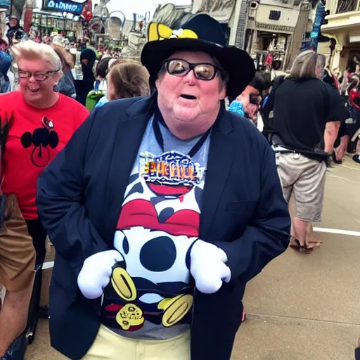 Image similar to Michael moore wearing a mickey mouse hat, tons of disney pins on his vest