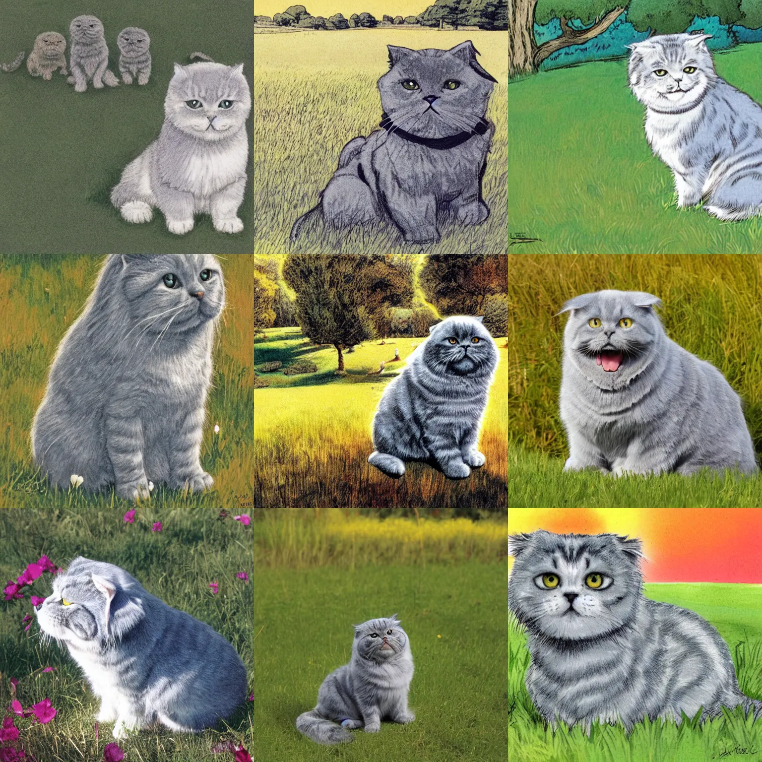 Prompt: a gray scottish fold sitting in the middle of sunny meadow, colored, by joe kubert