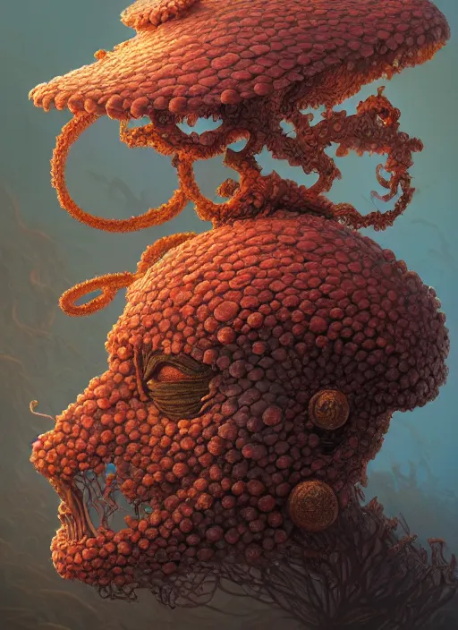 Image similar to Helmet of a forgotten Deity, corals, ribbons of seaweed, extremly detailed digital painting, in the style of Tomasz Alen Kopera and Fenghua Zhong and Peter Mohrbacher, mystical colors, rim light, beautiful lighting, 8k, stunning scene, raytracing, octane, trending on artstation