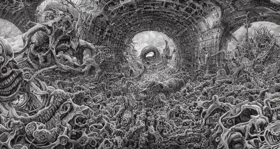 Prompt: the never-ending infinite hellscape, intricate, horrific, hellish, maddening, digital painting, artstation, concept art, smooth, sharp focus, illustration, art by M. C. Escher and H. R. Giger