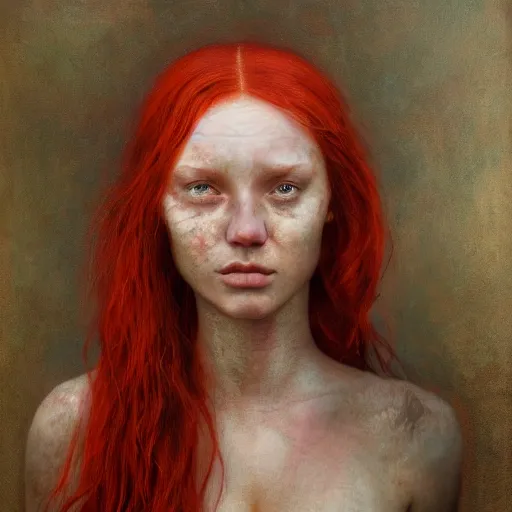 Prompt: a painting of a woman with red hair, a character portrait by brad kunkle, featured on cg society, pre - raphaelitism, pre - raphaelite, apocalypse art, dystopian art