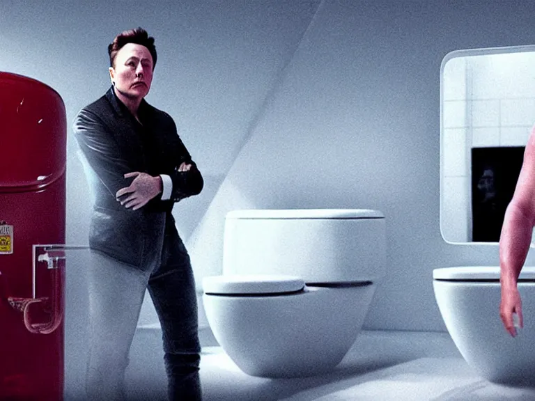 Image similar to hyperrealism aesthetic ridley scott and denis villeneuve style photography of a detailed giant elon musk, siting on a detailed ultra huge toilet and scrolling his smartphone in hyperrealism scene from detailed art house movie in style of alejandro jodorowsky and wes anderson