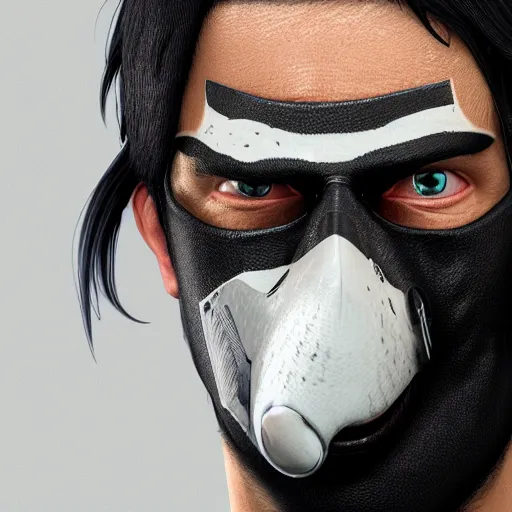 Prompt: a highly detailed, portrait of a man with black hair with a black medical mask, wearing a shark costume, artstation, DeviantArt, professional, octane render, digital art