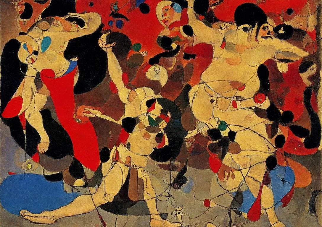 Prompt: a multiracial greek god dancing through the streets of a city, saturated color scheme, sparse detail, by george luks, joan miro and moebius