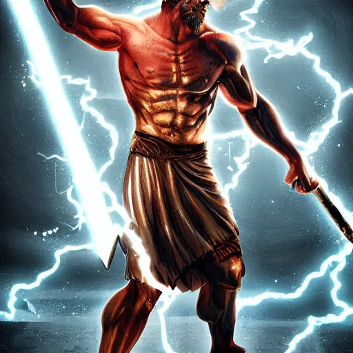 Prompt: Digital painting of Zeus with a lightning sword, hyperdetailed, artstation, terrifying, cinematic lighting, 8k