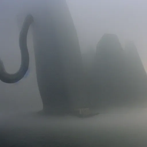 Image similar to giant tentacles coming out of fog, grasping giant brutalist buildings