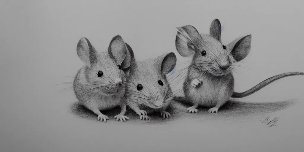 Image similar to a beautiful pencil drawing of two cartoon mice; masterpiece; extremely highly detailed; ultra-realistic; trending on artstation
