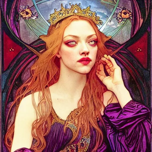 Image similar to amanda seyfried portrait by louis - theophile hingre and alphonse mucha, realistic, sharp focus, zodiac signs, tarot cards, planets, ethereal, art nouveau, magic, moon, sun, crown, dreamy, royal, jewellery