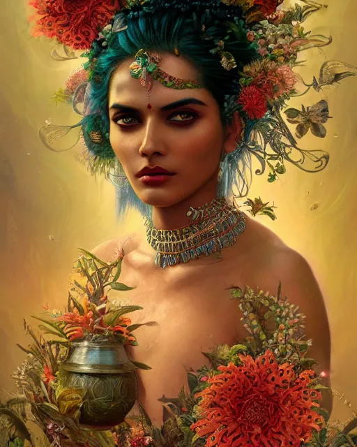 Prompt: portrait of the indian queen of the underworld, surrounded by flowers by karol bak, james jean, tom bagshaw, rococo, sharp focus, trending on artstation, cinematic lighting, hyper realism, octane render, 8 k, hyper detailed.