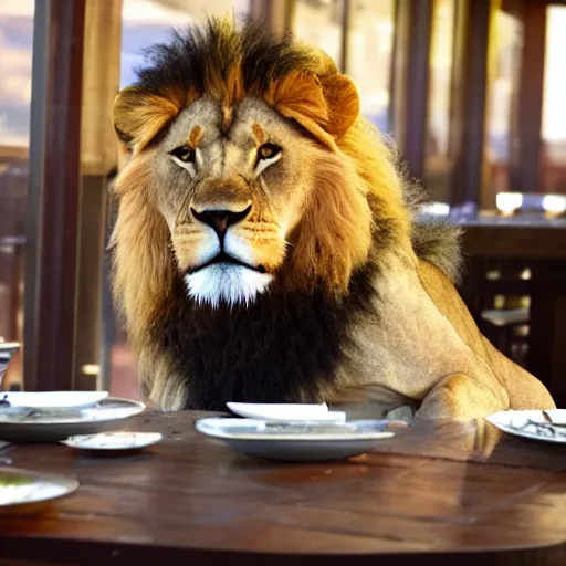 Image similar to a lion sitting at a restaurant eating dinner