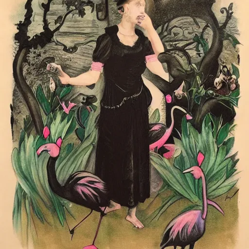 Prompt: tattoo of a prim but vulnerable victorian woman in black dress with strap hanging off one shoulder in a frame of radishes, flamingoes, and cats, in the style of john singer sargent