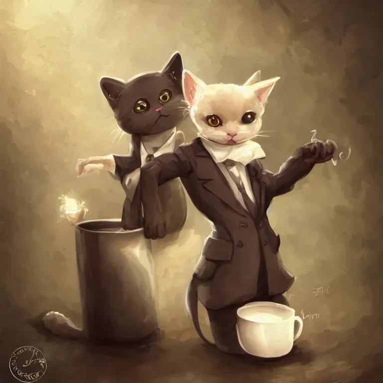 Prompt: cute little anthropomorphic cat barista wearing a black suit, tiny, small, miniature cat, baby animal, short, cute and adorable, pretty, beautiful, ghibli character art portrait, matte fantasy painting, deviantart artstation, by by jason felix by steve argyle by tyler jacobson by peter mohrbacher, cinematic lighting