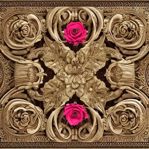 Prompt: beautiful decorative classical ornamental emblem, sacred machine, fibonacci rhythms, roses, lilies, rose petals, lily petals, acanthus scrolls, highly detailed etching, gemini, bilaterally symmetrical, small medium and large elements, rendered in octane, 3 d render