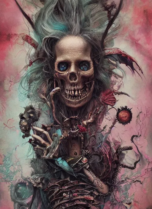 Image similar to Alice in Wonderland Mad Hatter Death Tarot card,highly detailed,half skull face,cinematic,8k,by Stanley Artgermm,Tom Bagshaw,Greg Rutkowski,Carne Griffiths, Ayami Kojima, Beksinski, Giger,trending on DeviantArt,hyper detailed,horror, full of colour