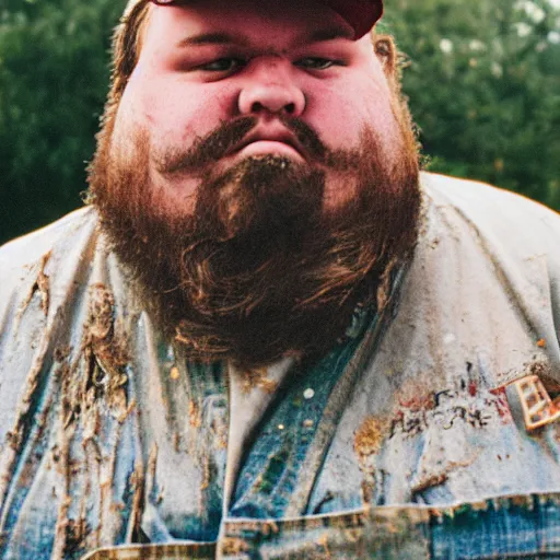 Prompt: obese redneck man with long beard wearing dirty and tattered overalls shirt, close up, kodak gold 2 0 0,