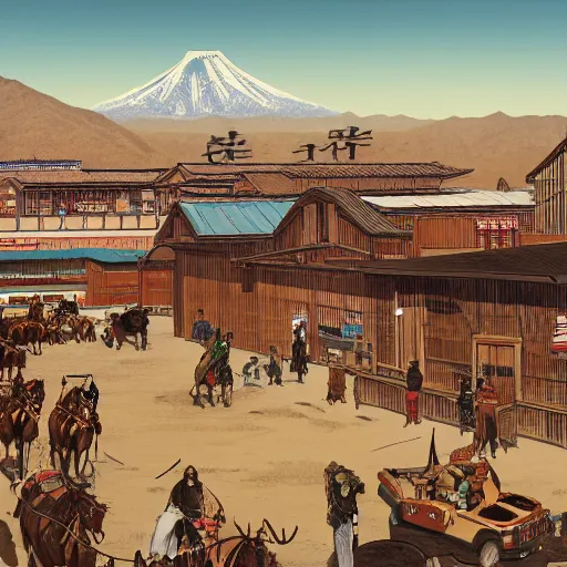 Image similar to Sprawling view of american Western Cowboy Town with Edo Period Japan design; trending on Artstation