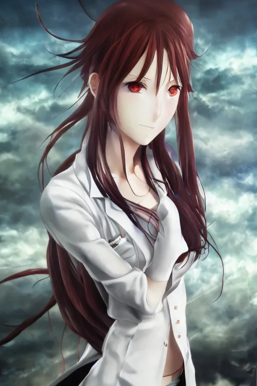 Image similar to highly detailed portrait of makise kurisu from steins gate laying, sensual, labcoat, fantasy art, by hews hack, photorealistic, detailed and intricate environment, trending on booru, trending on pixiv
