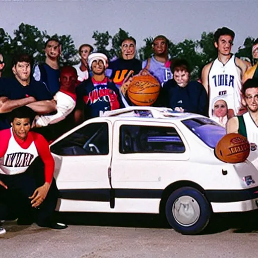 Image similar to an entire nba team crammed into a small geo metro