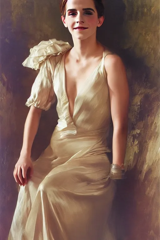 Image similar to emma watson smiling silk gown gaston bussiere craig mullins j. c. leyendecker richard avedon peter lindbergh