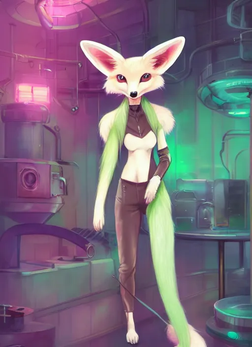 Prompt: beautiful portrait commission of a cute female pink furry anthro fennec fox fursona casual clothes in a futuristic mechanical laboratory. green hair. character design by charlie bowater, ross tran, artgerm, and makoto shinkai, detailed, inked, western comic book art