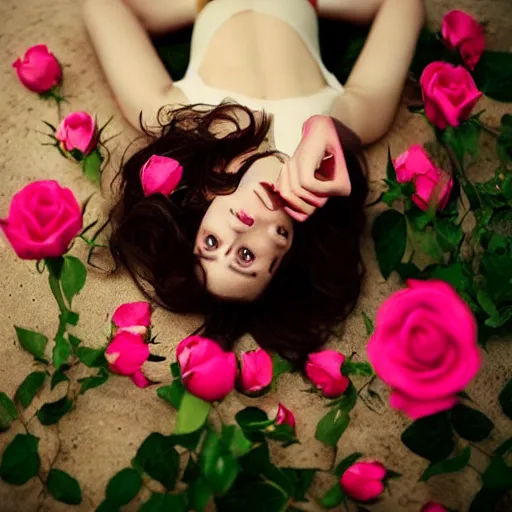 Image similar to fine art photo of the beauty gal gadot, she is on the floor and merging from pink roses, taken by oleg oprisco