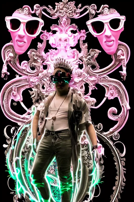 Prompt: full-body rococo and cyberpunk style neon statue of a young attractive Jose Garcia wearing cholo shades macho dotado e rico android sim roupa reclining con las piernas abertas e la piroca dura, ethereal white dripping tar, glowing white lasers, pink tigers, glowing eyes, silver prince crown, black gears, pink diamonds, swirling mint-colored silk fabric. futuristic elements. full-length view. human skulls. large intricate artwork by caravaggio. Trending on artstation, octane render, cinematic lighting from the right, hyper realism, octane render, 8k, depth of field, 3D