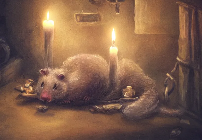 Image similar to cute possum sleeping inside a bed in a medieval cluttered cottage at night under the dim light of a candle, dark fantasy, dreaming illusion, trending on artstation