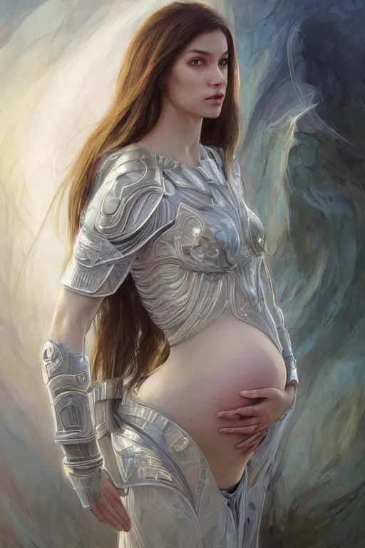 Image similar to ** professional portrait of pregnant peacefull cryogenic female dynamic pose , armor elements , long dark hair, beautiful bone structure, symmetrical facial features, intricate, elegant, digital painting, concept art, smooth, sharp focus, illustration, by Ruan Jia and Mandy Jurgens , and mucha, and Artgerm and William-Adolphe Bouguerea