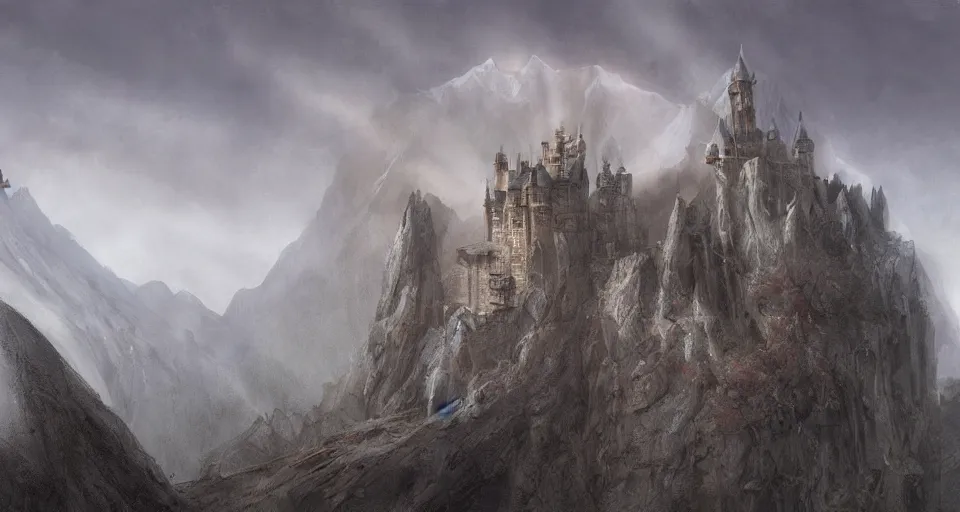 castle on a misty mountain by John Howe and Jeff | Stable Diffusion ...