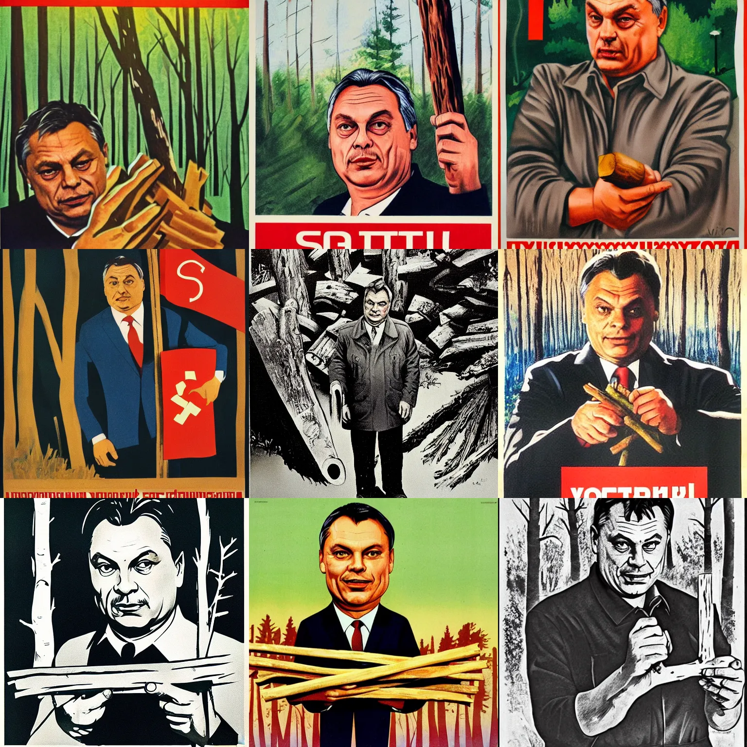 Prompt: soviet poster of sinister viktor orban, holding a wood piece, forest in background