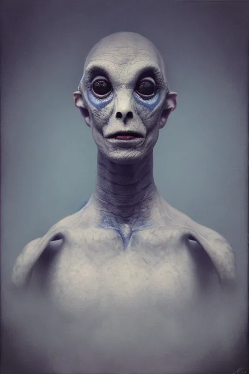 Prompt: Hyper realistic portrait of a Blue alien, Dark Studio Lighting, fog, by Emil Melmoth, Trending on Artstation, 8k