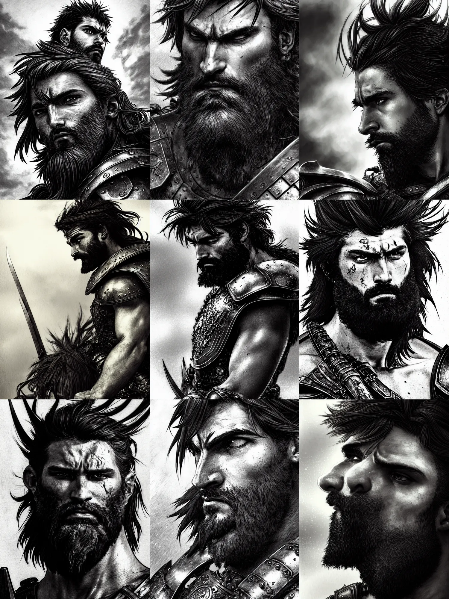 Prompt: close up picture of a male warrior looking at the sky, angry, sad, rugged, black plate armor, simple, messy hair, unkempt beard, black and white, highly detailed, detailed face, smooth, sharp focus, chiaroscuro, manga illustration, artgerm, greg rutkowski, alphonse mucha, young adult light novel cover art